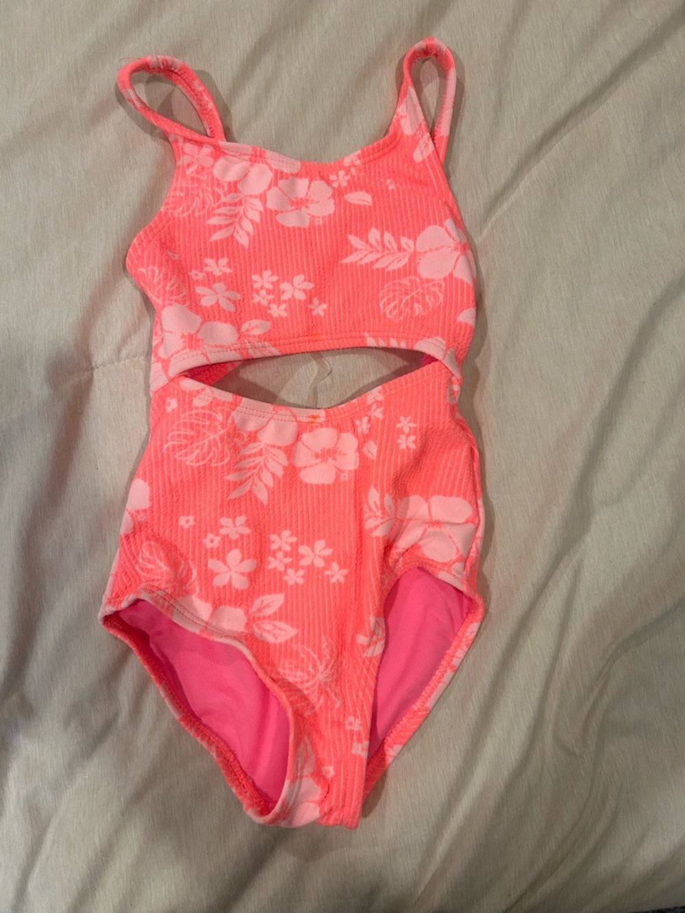 Girls' Floral Cutout One-Piece Swimsuit - Neon Coral Pink